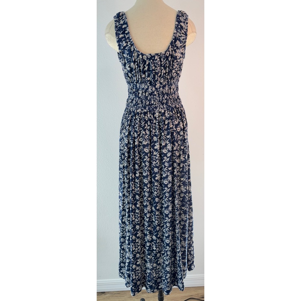 Faherty Sunseeker Smocked Waist Midi Dress Boho Blue Juniper Ikat Floral Cottage - Picture 3 of 8